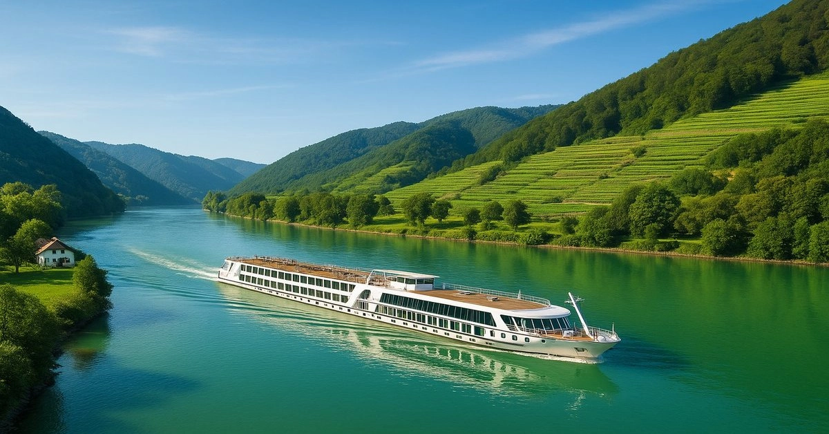 Fietscruise Donau – schip op de rivier tussen groene heuvels en wijngaarden