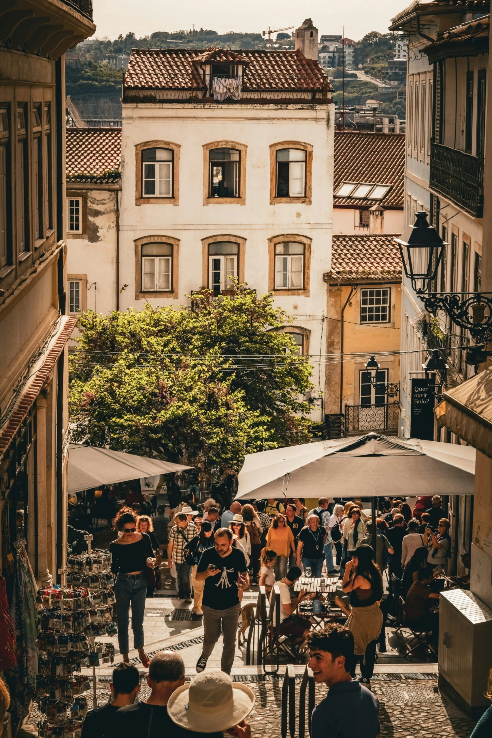 Gezellige straat in het historische centrum van Coimbra met terrassen, studenten en traditionele huizen met rode daken in de zon.