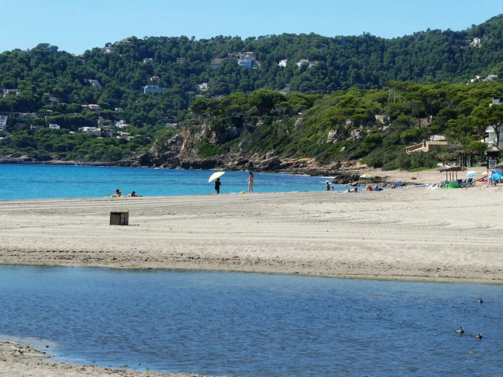 Het brede zandstrand van Cala Ratjada op Mallorca met helderblauw zeewater en groene heuvels op de achtergrond