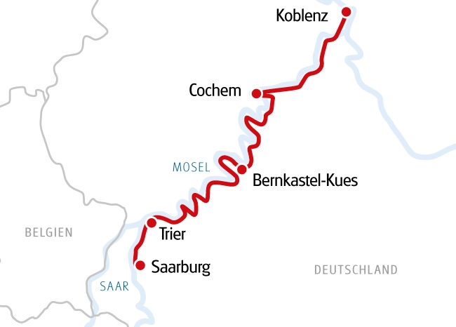 Routekaart van de Mosel fietsvakantie van Saarburg via Trier, Bernkastel-Kues en Cochem naar Koblenz met duidelijke rode lijn langs de rivier.