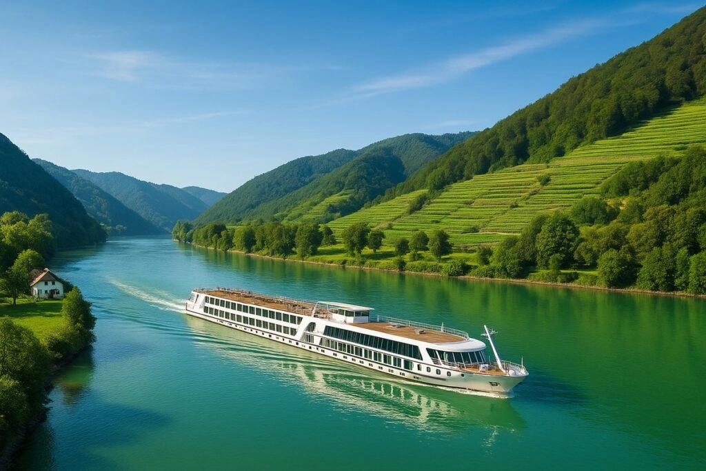 Riviercruise op de Donau met uitzicht op groene heuvels en wijngaarden – ideale fiets-vaarvakantie en fietscruise in Oostenrijk