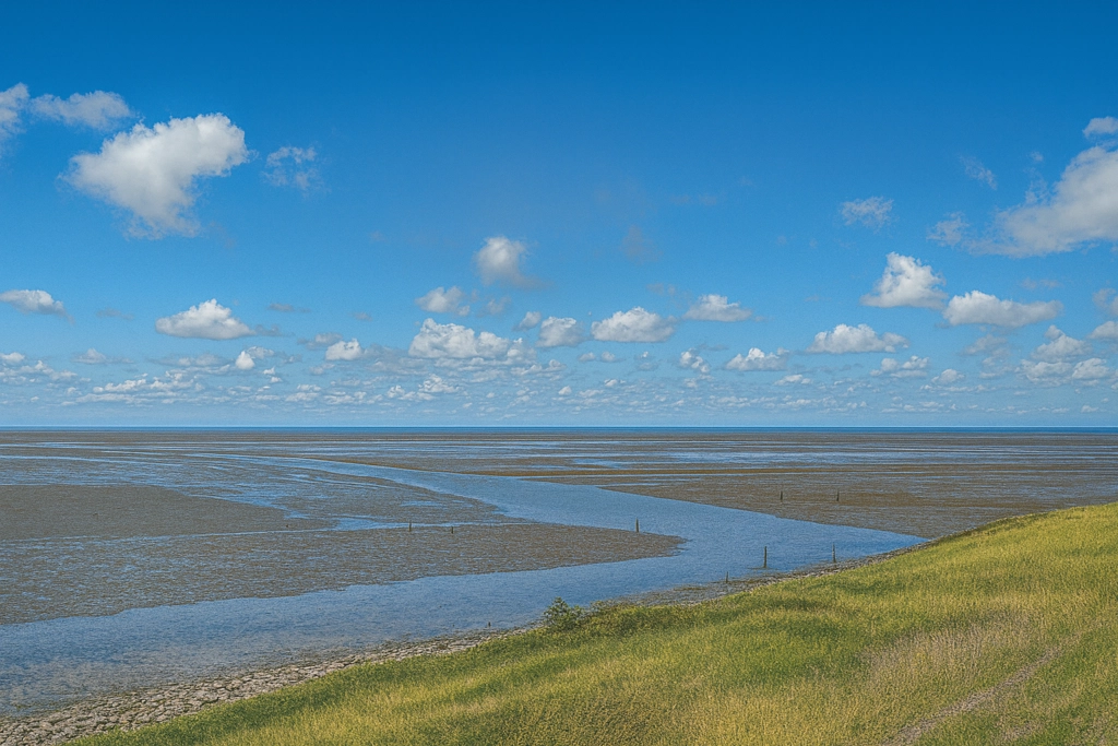 Startpunt van het Pieterpad in Pieterburen met uitzicht over de Waddenzee en het uitgestrekte getijdenlandschap.