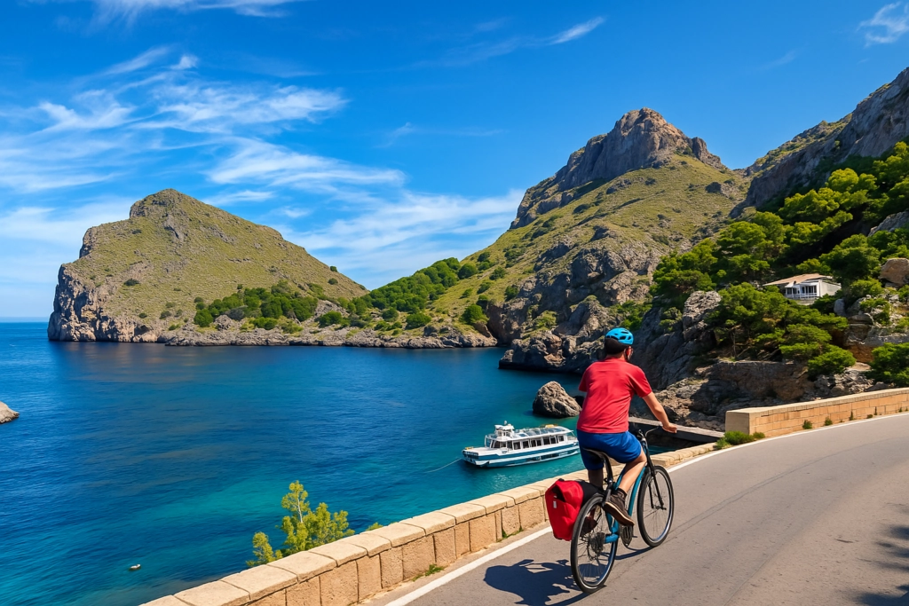 Fietser bij Sa Calobra met uitzicht over zee en bergen in de Serra de Tramuntana, Mallorca