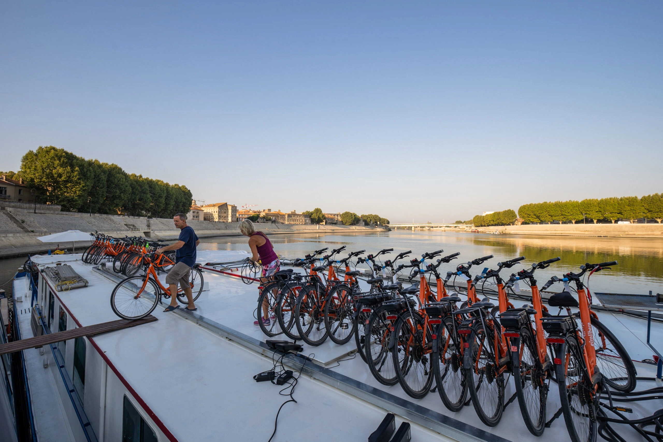 Bicycles on deck of the barge Caprice during a bike & barge holiday through Provence and the Camargue