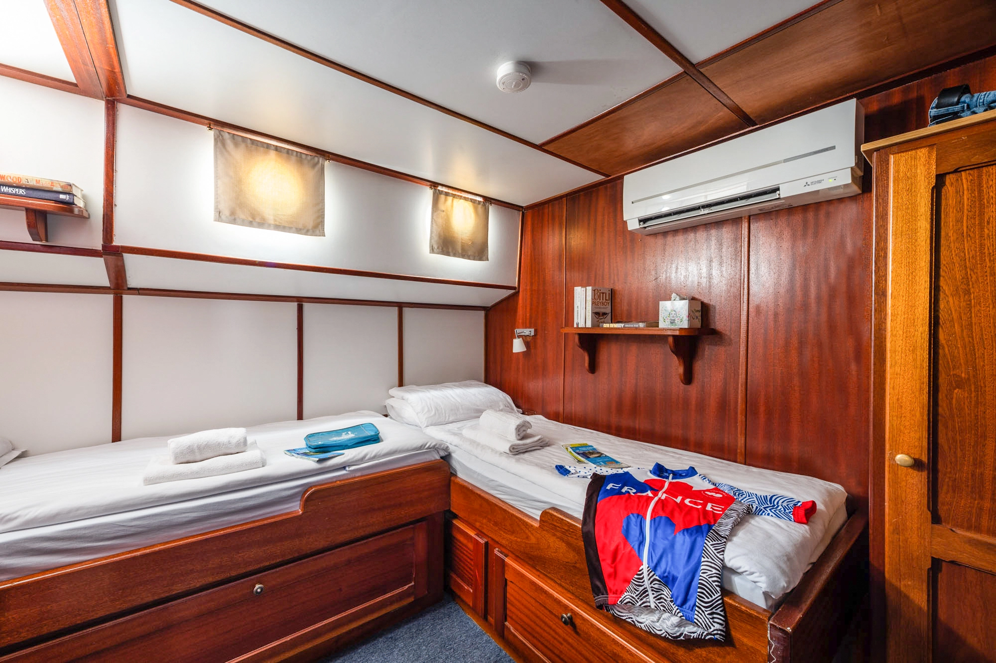 Twin cabin interior on board the cruise ship Caprice during a bike & barge holiday in the Camargue