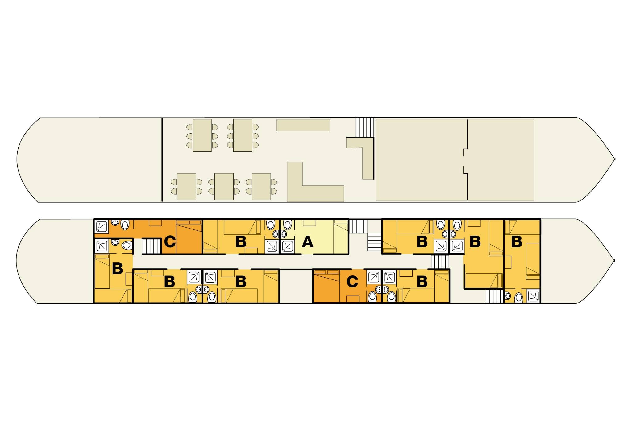 Deck plan of the cruise ship Caprice showing the layout of single, twin and double cabins