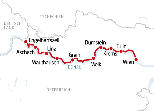 Route map of the Danube bike cruise on MS Prinzessin Katharina showing the cycling itinerary from Engelhartszell to Vienna along the Austrian Danube.