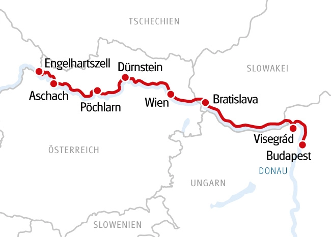 Map of the Danube cycling route from Engelhartszell via Vienna and Bratislava to Budapest.