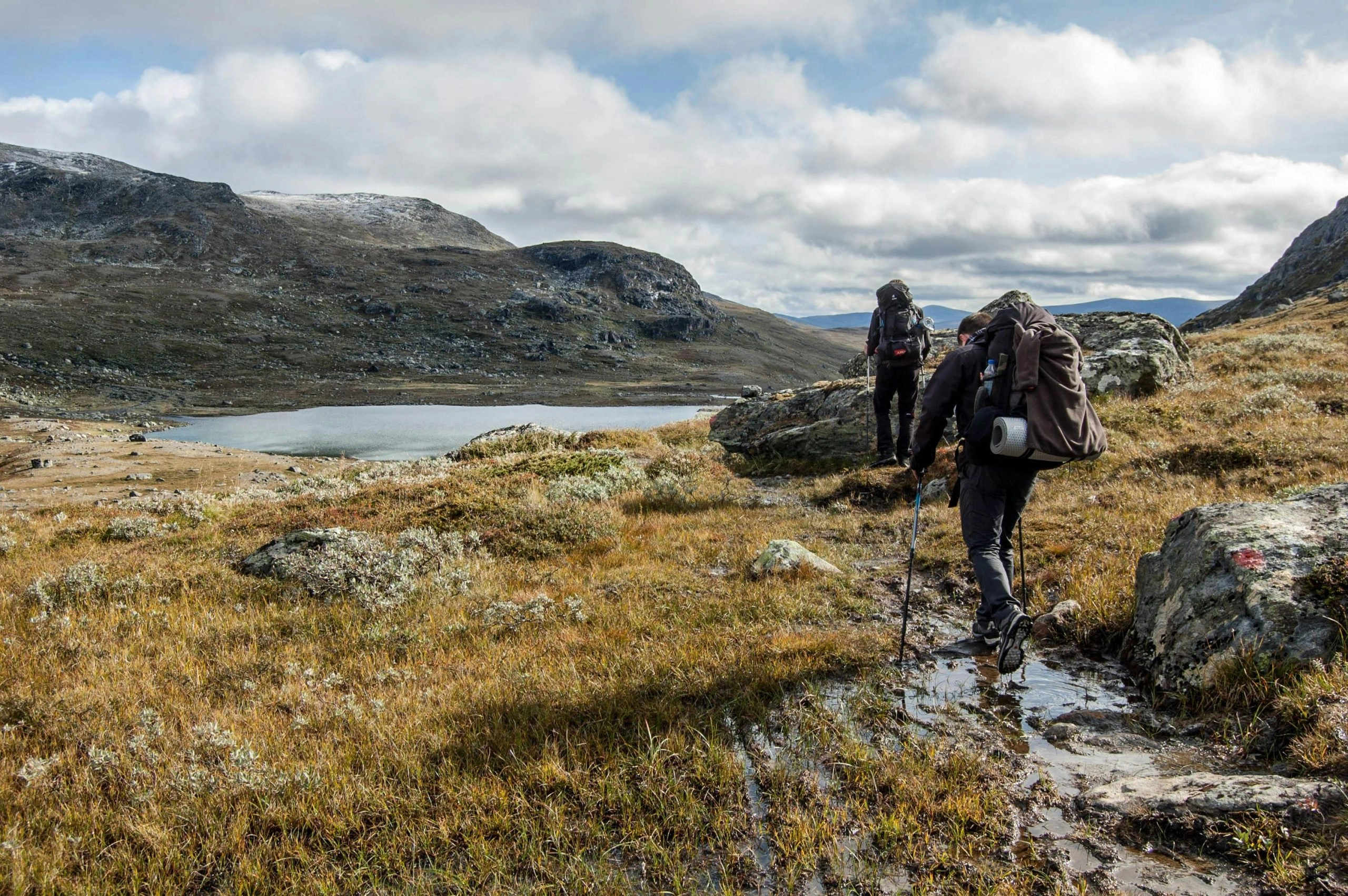Wandelaars met rugzakken trekken door ruig Scandinavisch berglandschap met meren en heuvels tijdens een actieve wandelvakantie in de natuur.